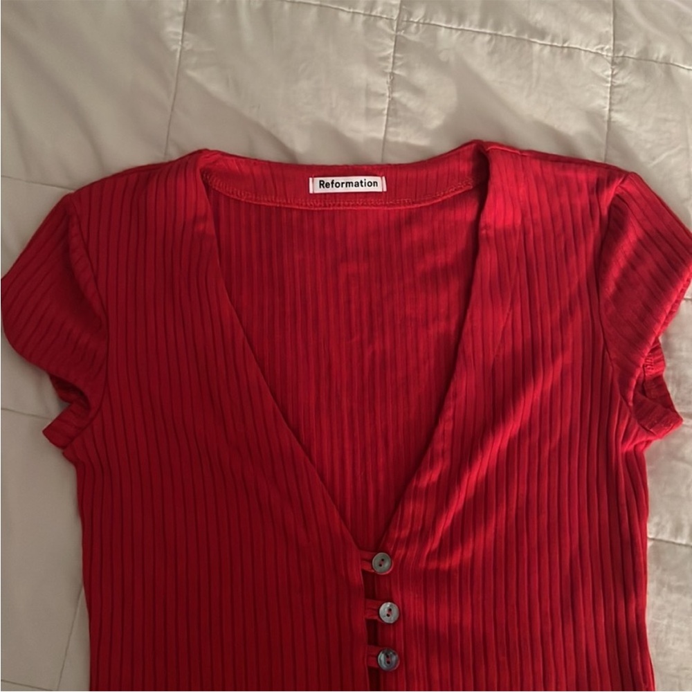 Reformation Red Ribbed Button-Front Top - Picture 3 of 3